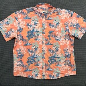 Huk Fishing Shirt 2XL Coral Tropical Boats Palm Short Sleeve Button Up